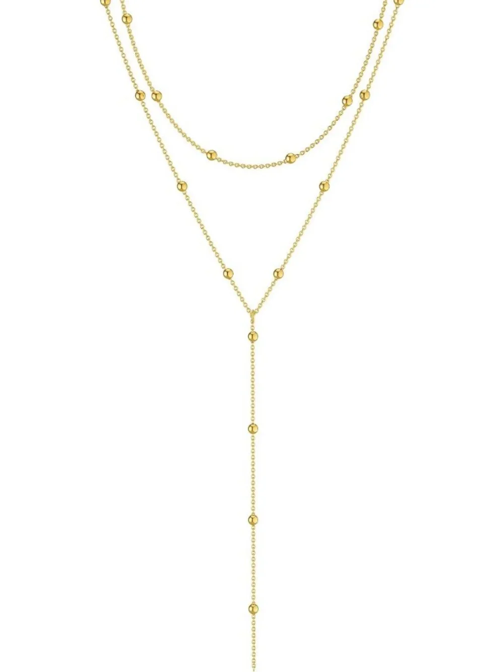 Dainty Gold Lariat Necklace for Women, Y-Shaped Pendant, Layered CZ Beaded Chain